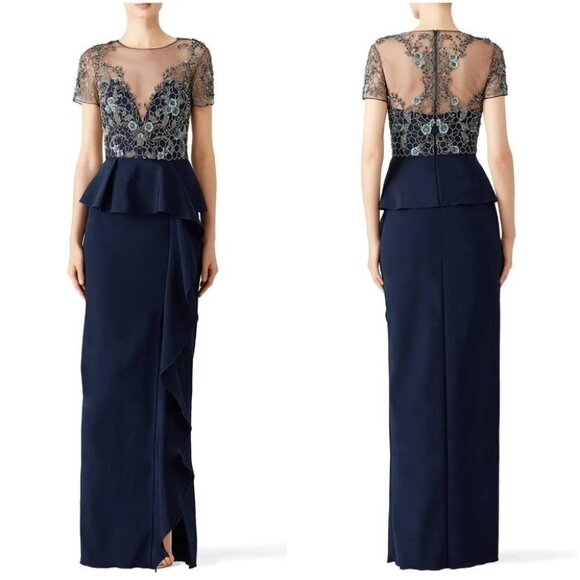 Marchesa Notte Navy Lace Ruffle Formal Gown $1195